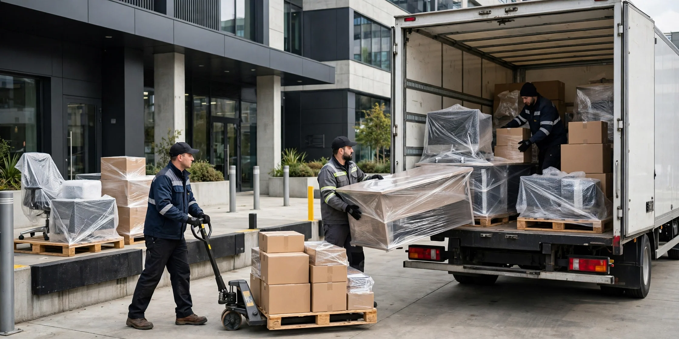 Commercial movers loading packed office furniture and boxes into a moving truck at an office loading dock
