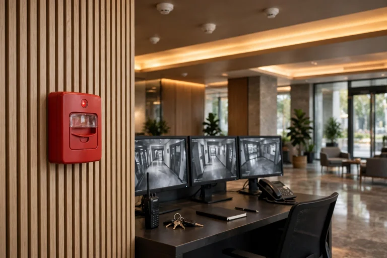 Red fire alarm call point on a wooden wall in a modern building lobby with ceiling smoke detectors and a building monitoring desk with screens in the background