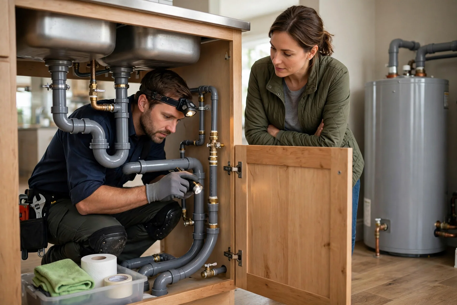 Plumber inspecting gray polybutylene pipes under a kitchen sink while a homeowner watches, with a water heater in the background